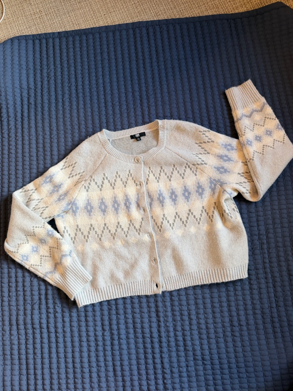 Frye Cream Cardigan with Blue and Gray Diamond Pattern